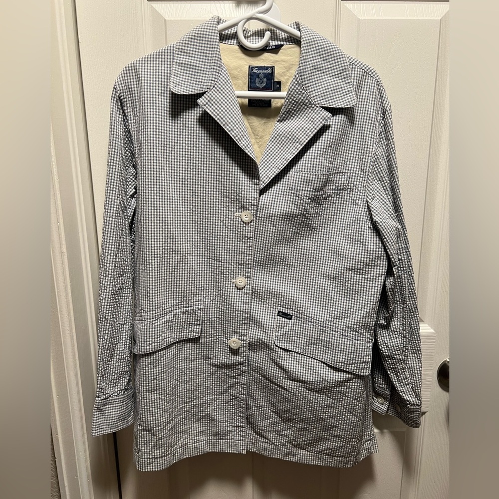 Faconnable | Blue White‎ Check Chambray Blazer Jacket Vintage Men’s Sz M